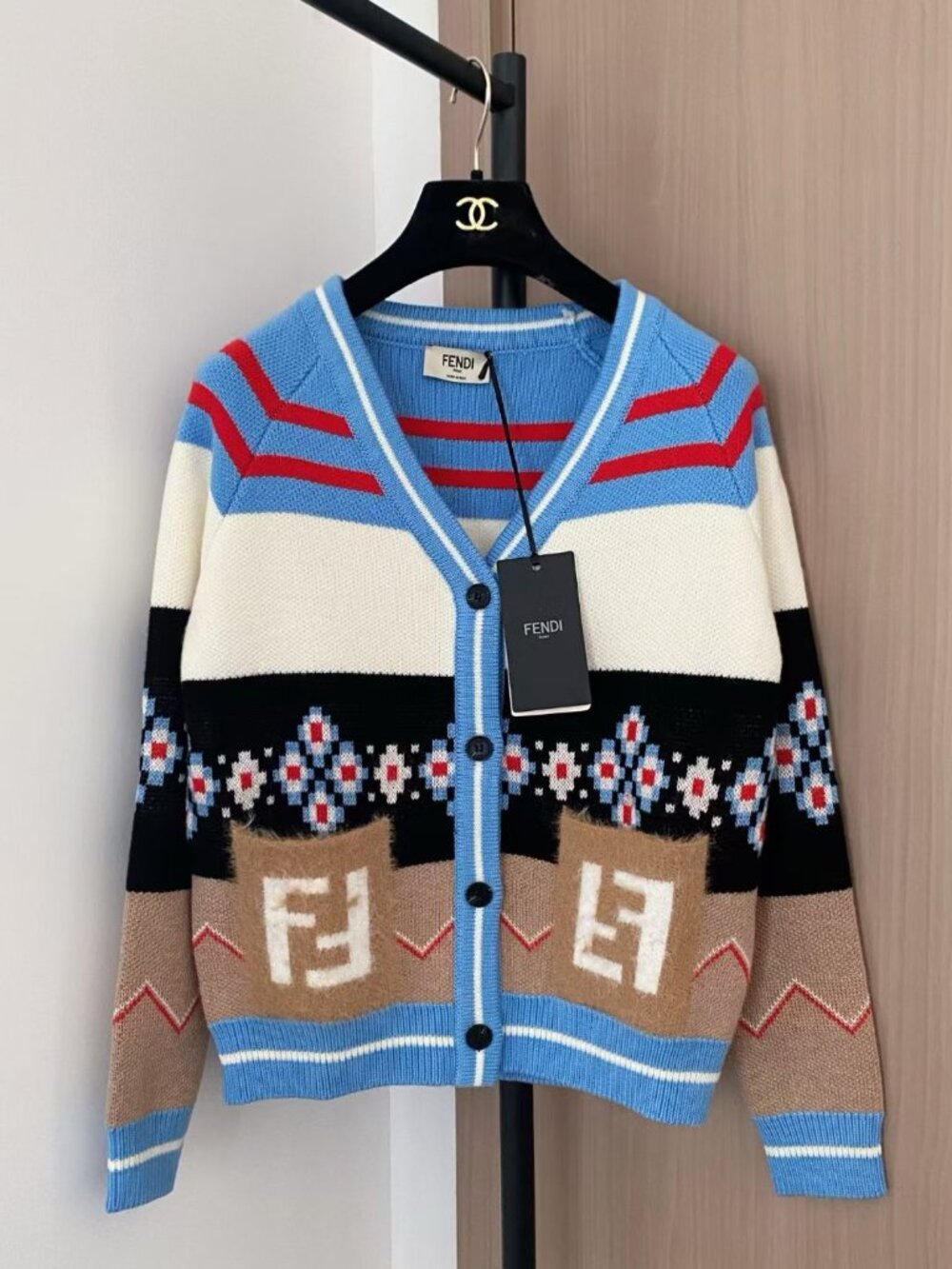 New Fendi Logo Pattern Knit Cardigan - Blue/Multicolor - Size L